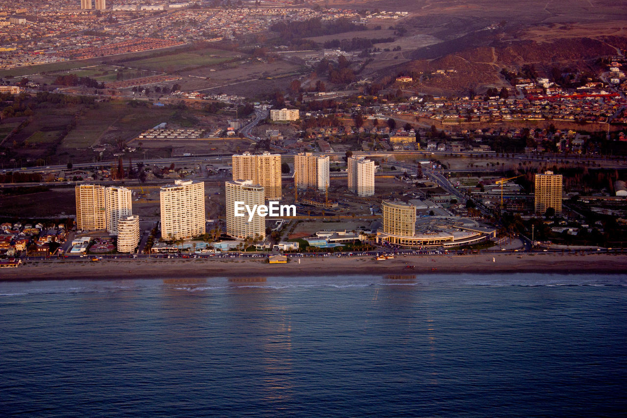 Aerial view of coquimbo cityscape by sea