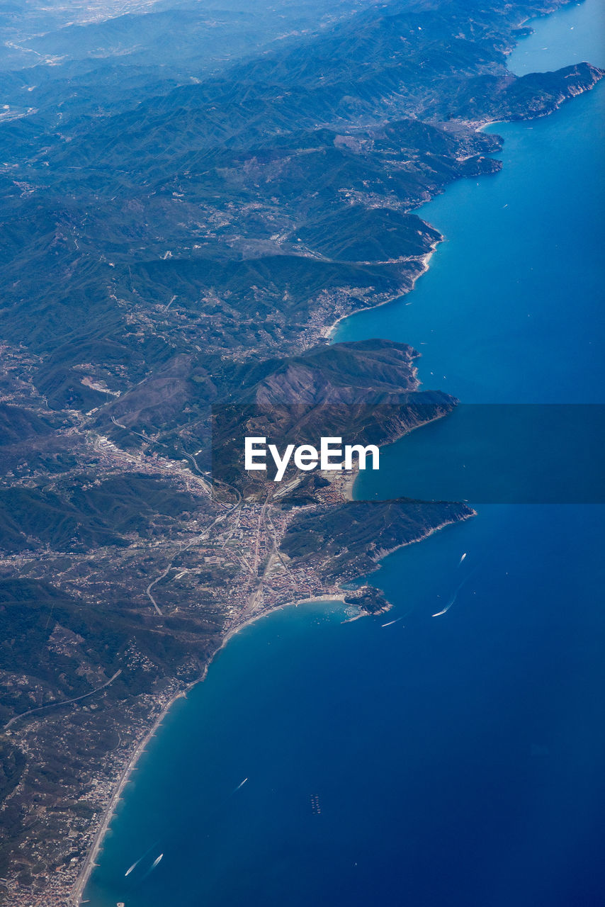 Aerial view of sea and mountains