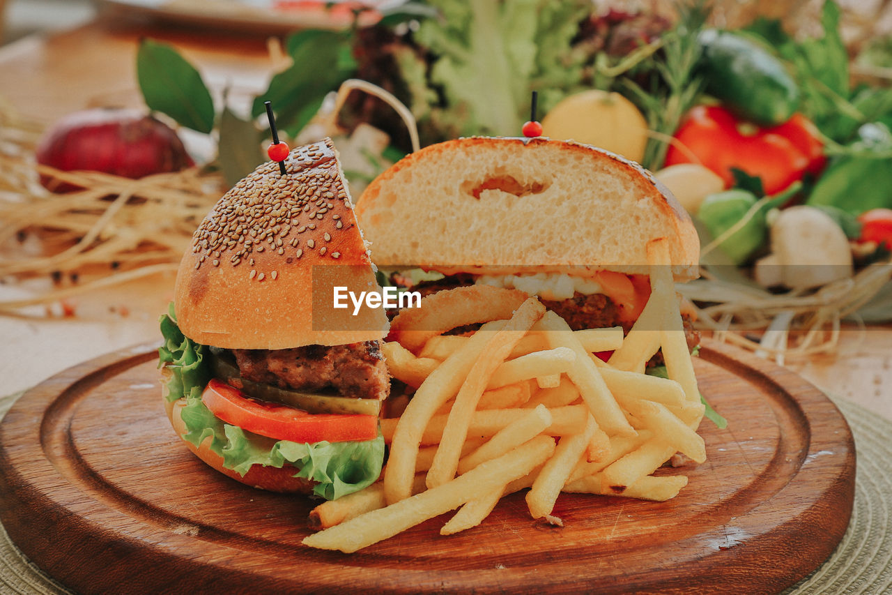 Close-up of burger in plate on table