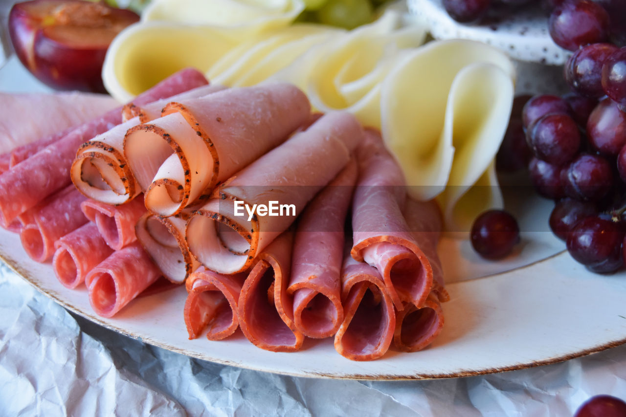 High angle view of fresh food on crumpled paper