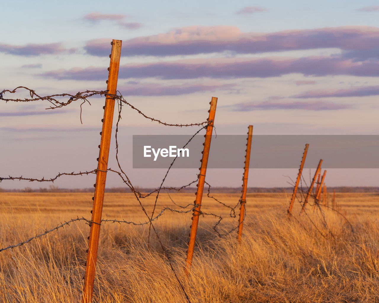 FENCE ON FIELD AGAINST SKY DURING SUNSET