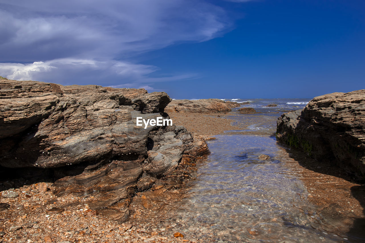 Rock formations in sea against blue sky