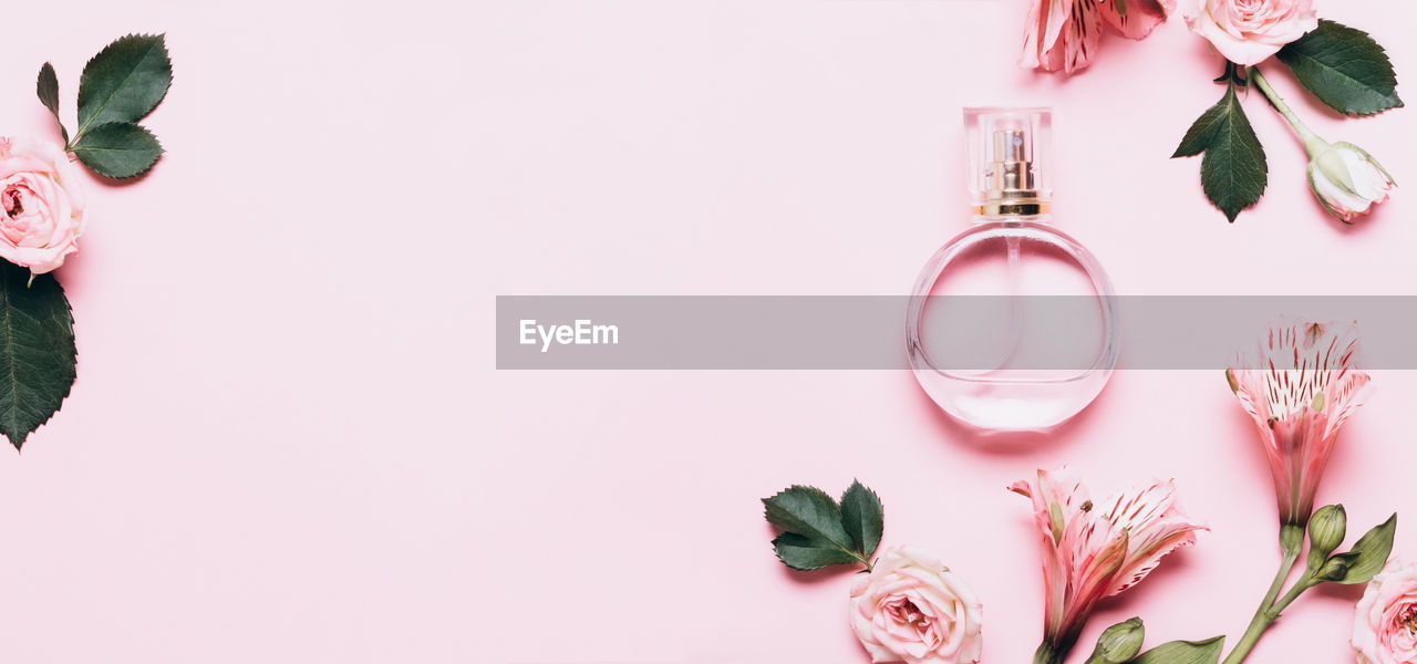 Women's perfume bottle and roses flowers on pink background. banner format with copy space.