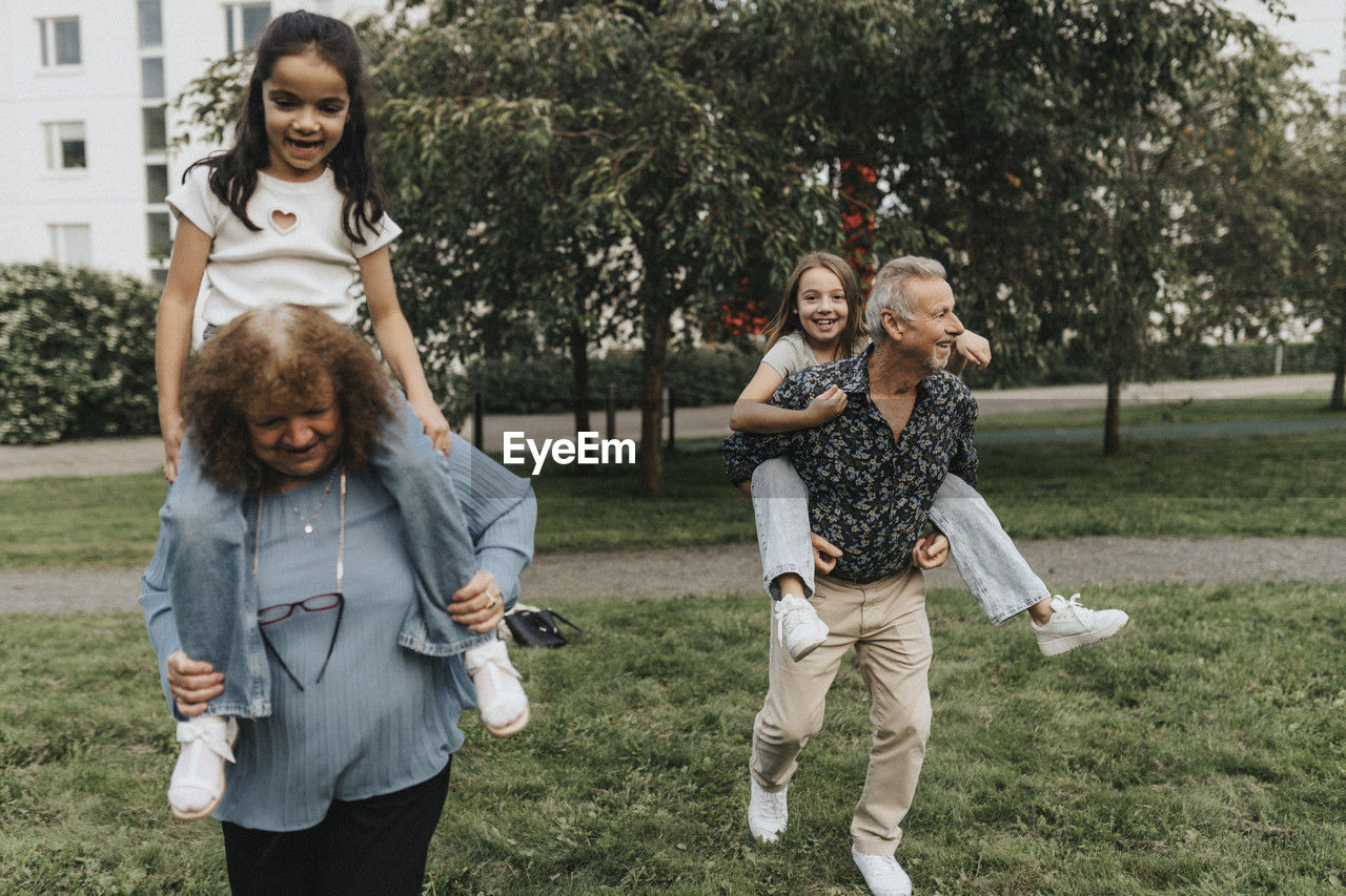 Playful grandparents and grandchildren at park