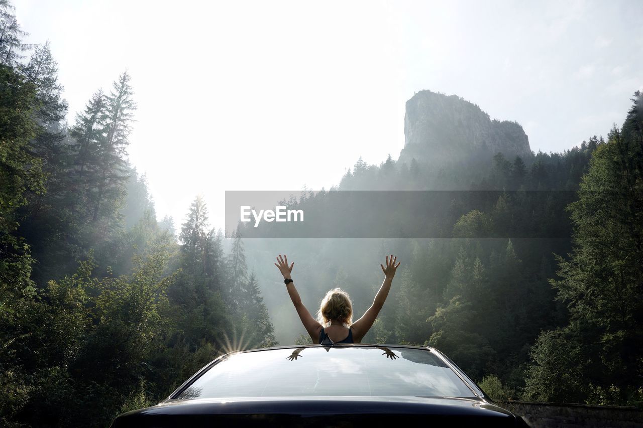 Rear view of woman with arms raised in car at forest against sky