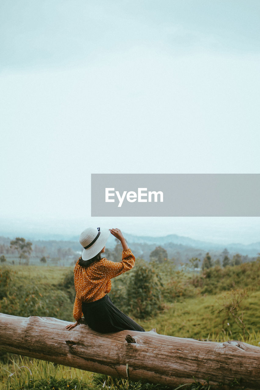 Rear view of woman sitting against mountains