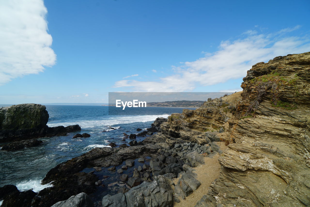 SCENIC VIEW OF ROCKS ON BEACH AGAINST SKY