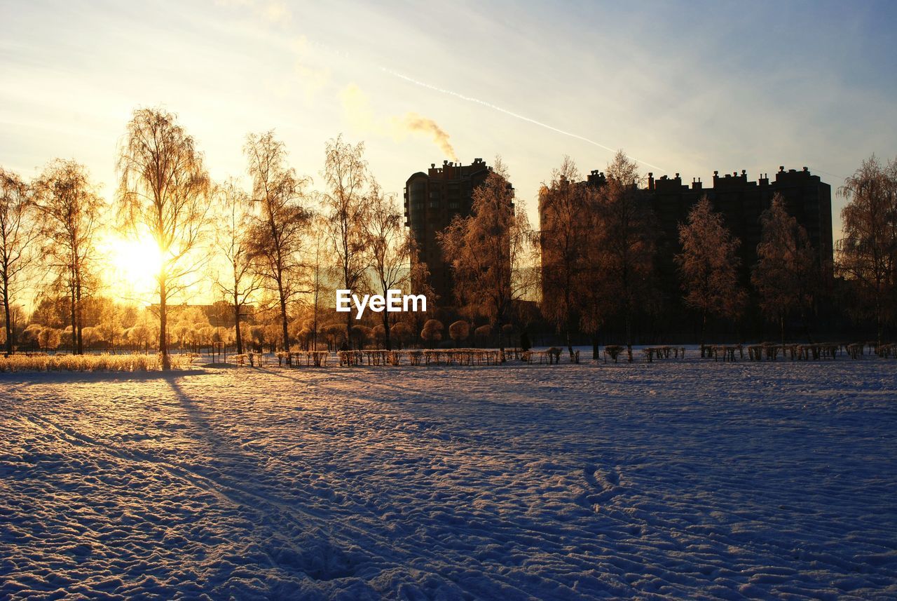 Urban winter landscape at sunrise