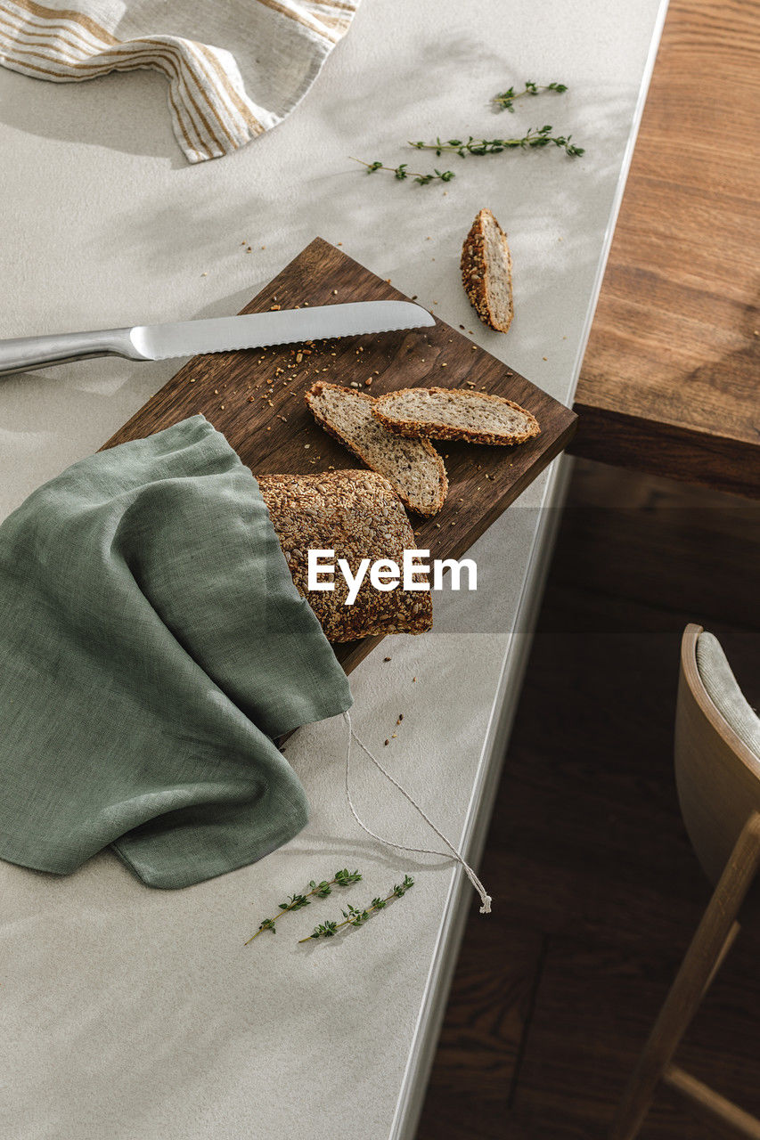 high angle view of food on wooden table