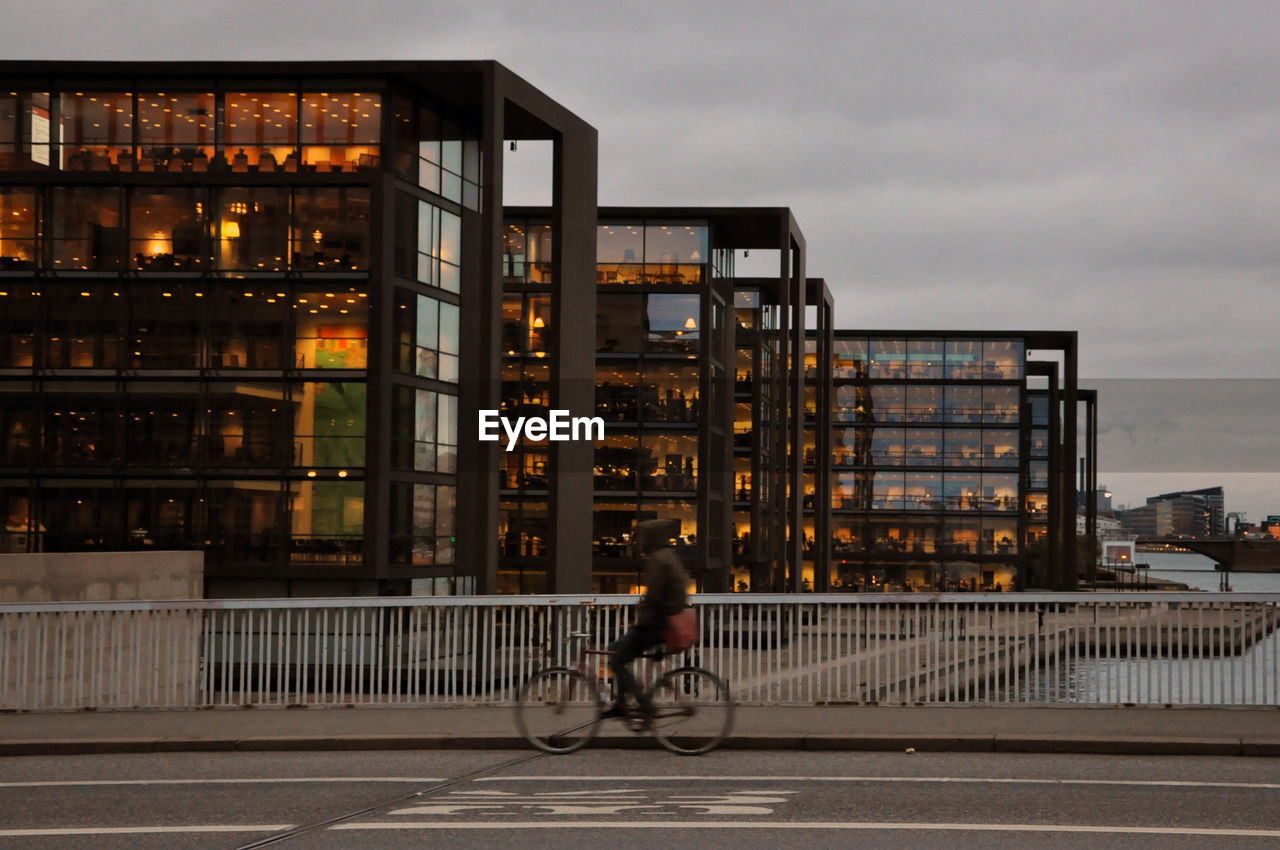 Man riding bicycle on road in city