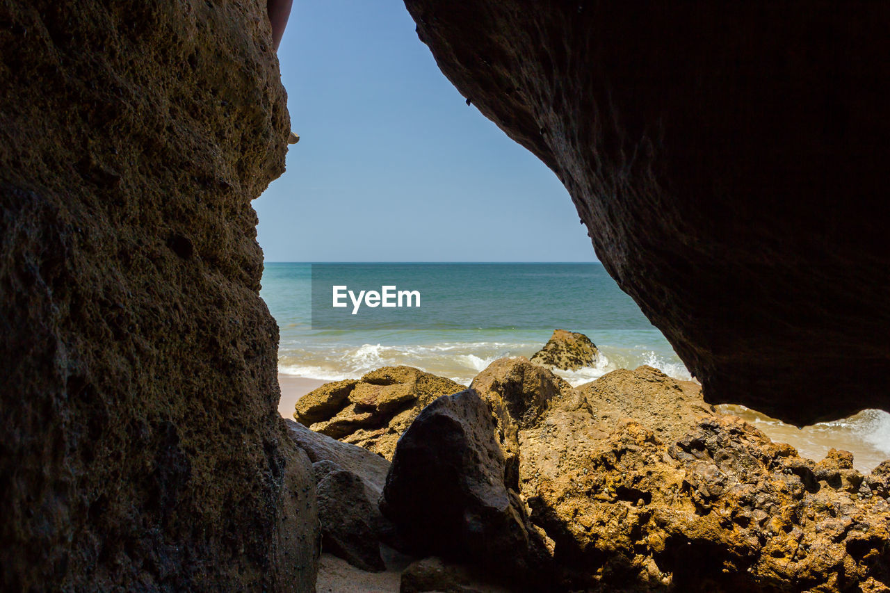 Scenic view of sea seen through cave