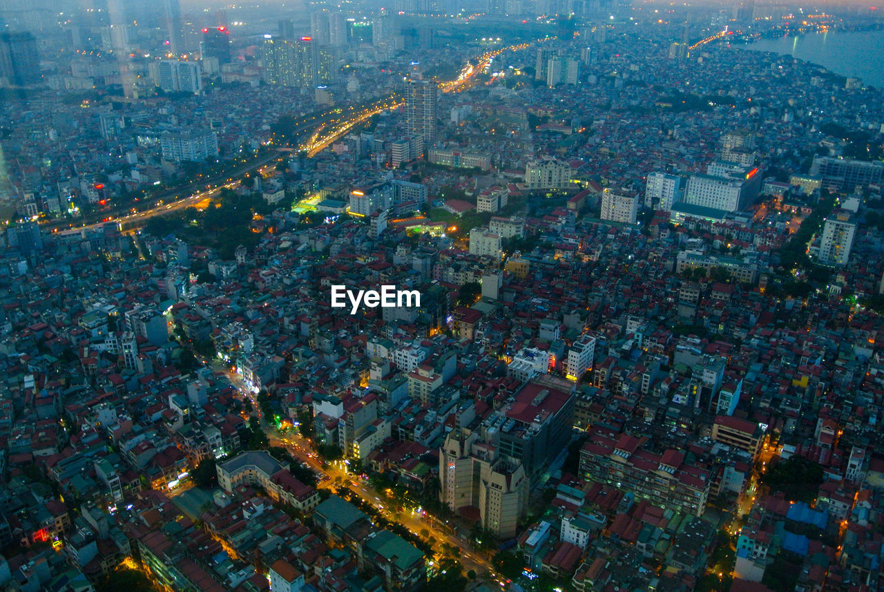 High angle view of city buildings