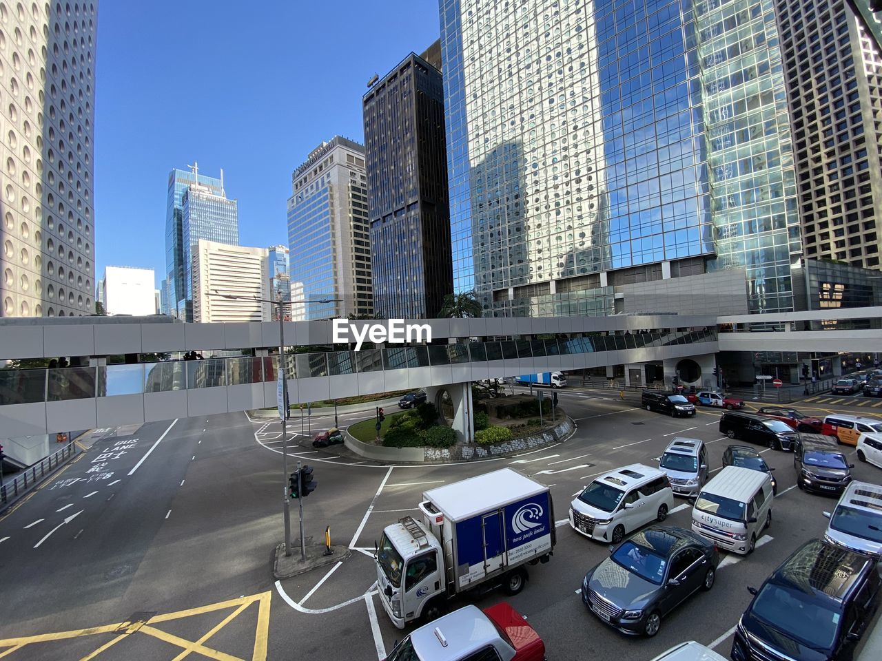 VIEW OF CITY STREET AND MODERN BUILDINGS AGAINST SKY