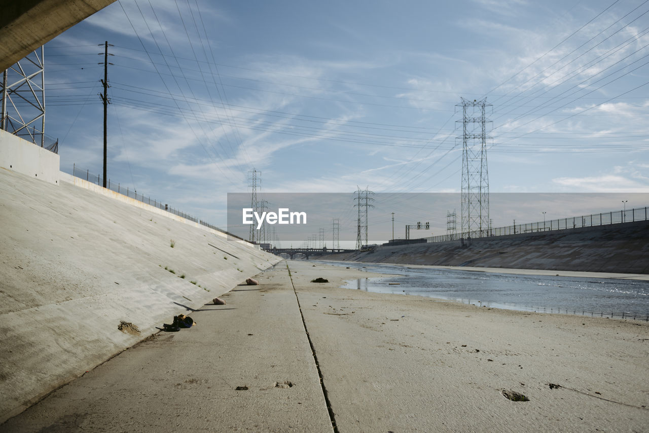 ELECTRICITY PYLONS ON BEACH AGAINST SKY