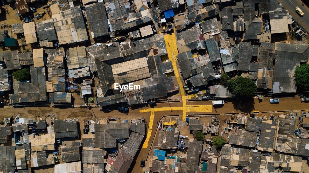 High angle view of street amidst buildings in city