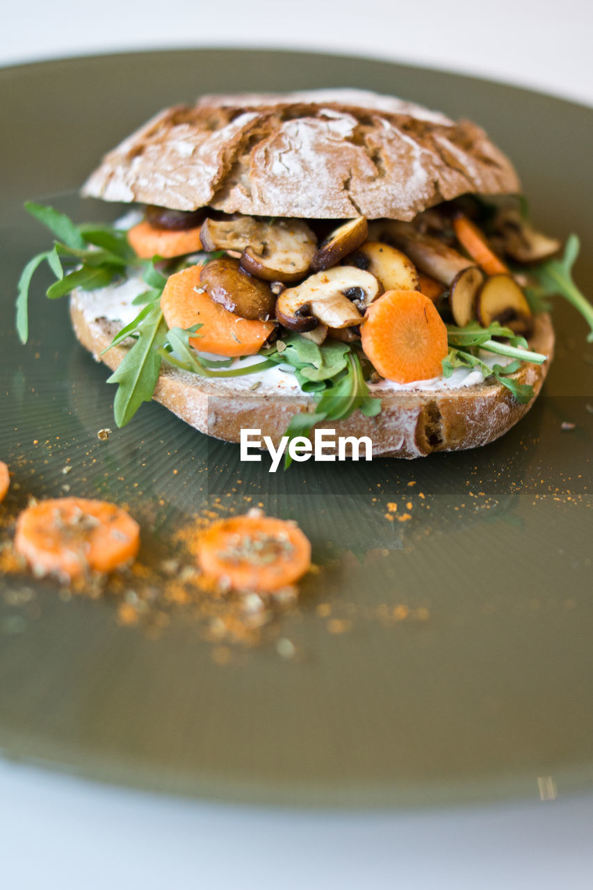 Close-up of food served on table