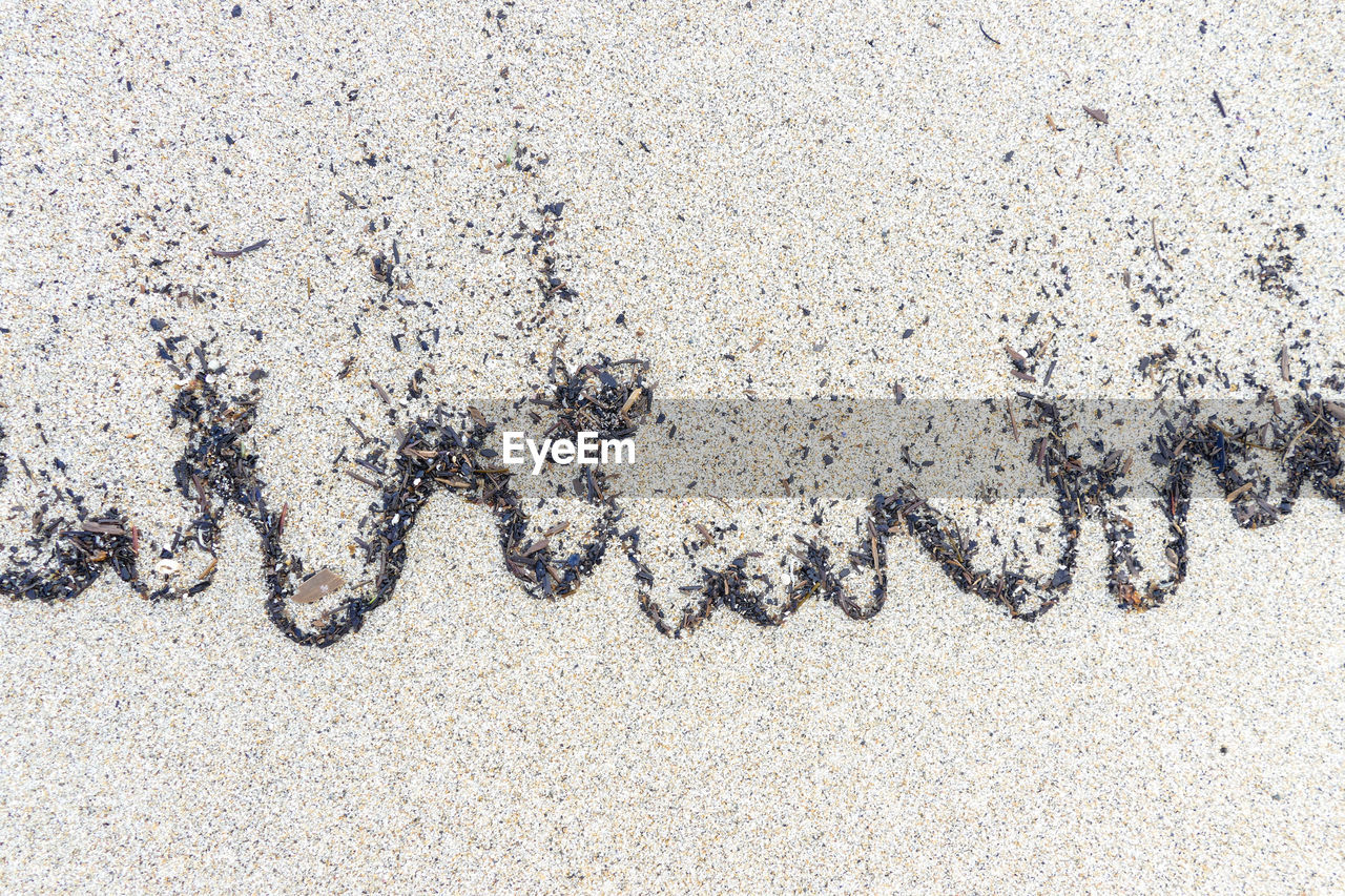 CLOSE-UP OF TEXT ON SAND AT BEACH