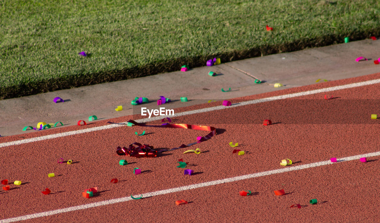 High angle view of trackfield with confetti