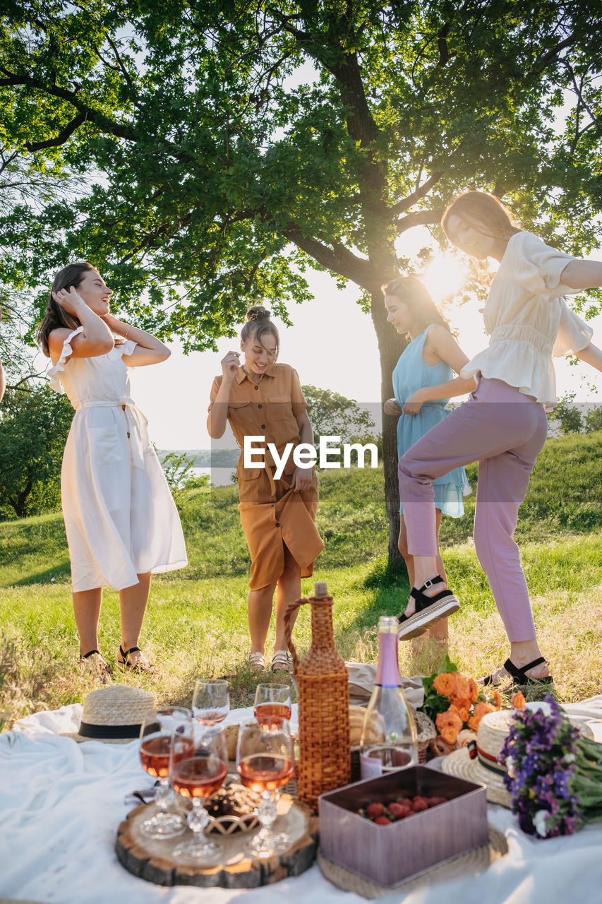 Summer party, outdoor gathering with friends. five young women, friends at the picnic dancing 