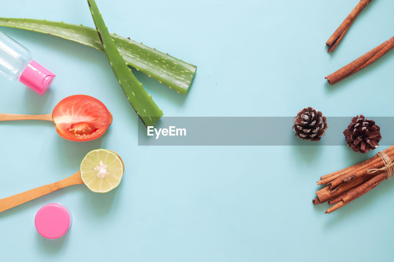 Directly above shot of food against blue background