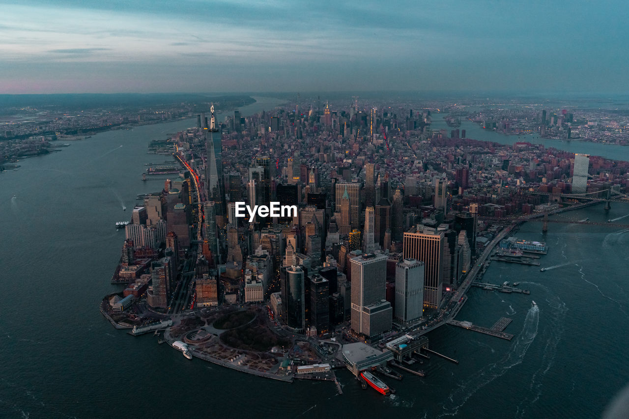 Aerial view of new york city and its financial district of manhattan as seen from a helicopter