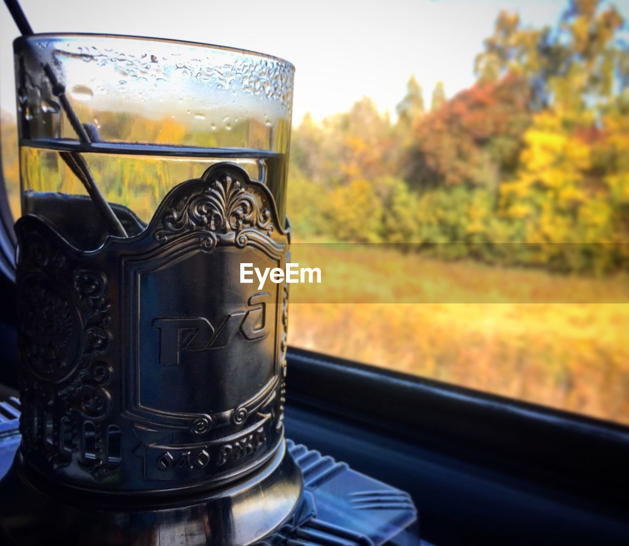 Close-up of drink in car against trees