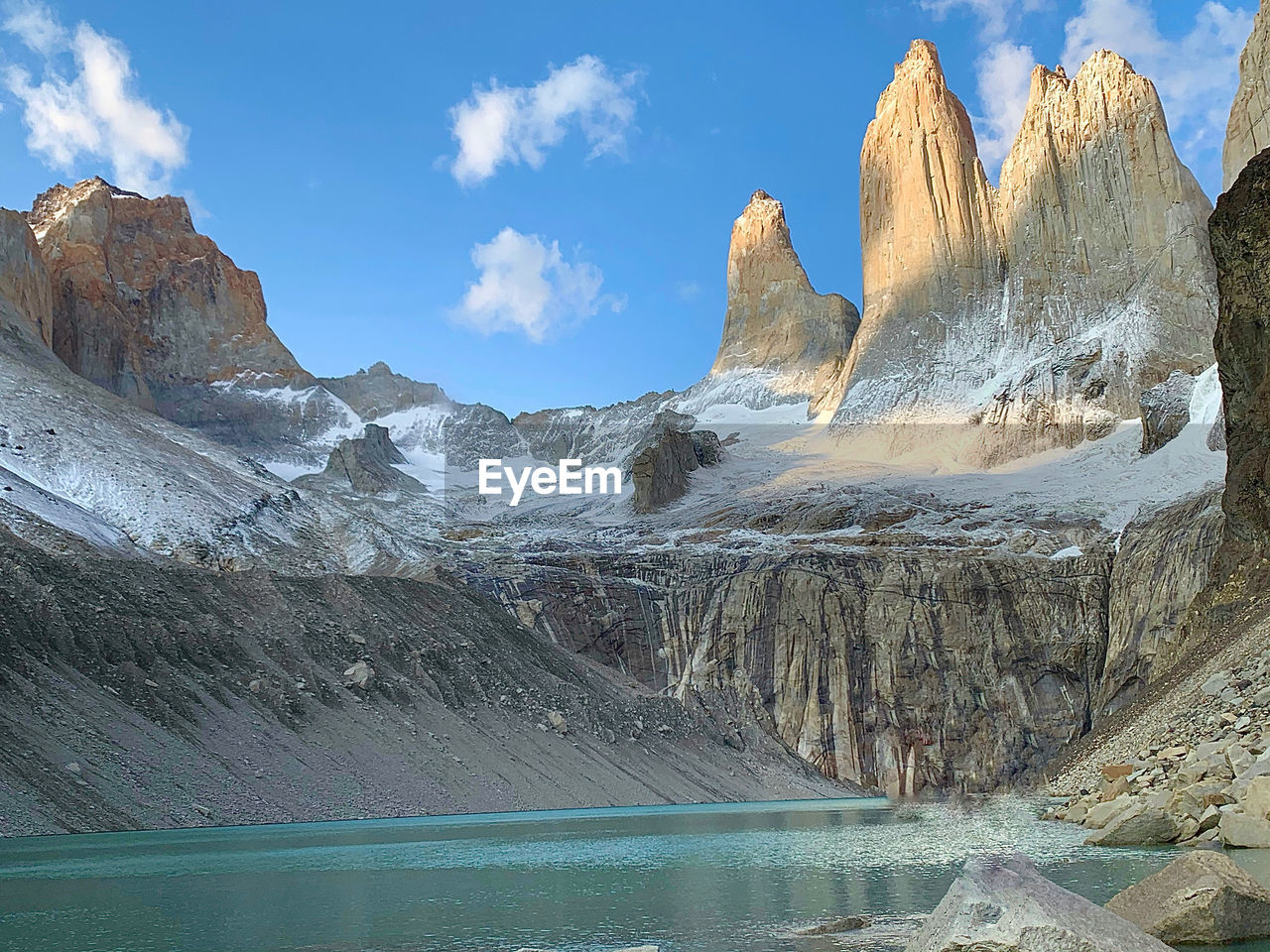 Scenic view of snowcapped mountains against sky las torres at sunrise  torres del paine patagonia 