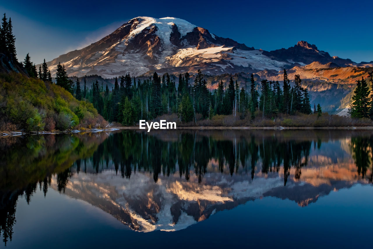 REFLECTION OF SNOWCAPPED MOUNTAINS AND LAKE AGAINST SKY