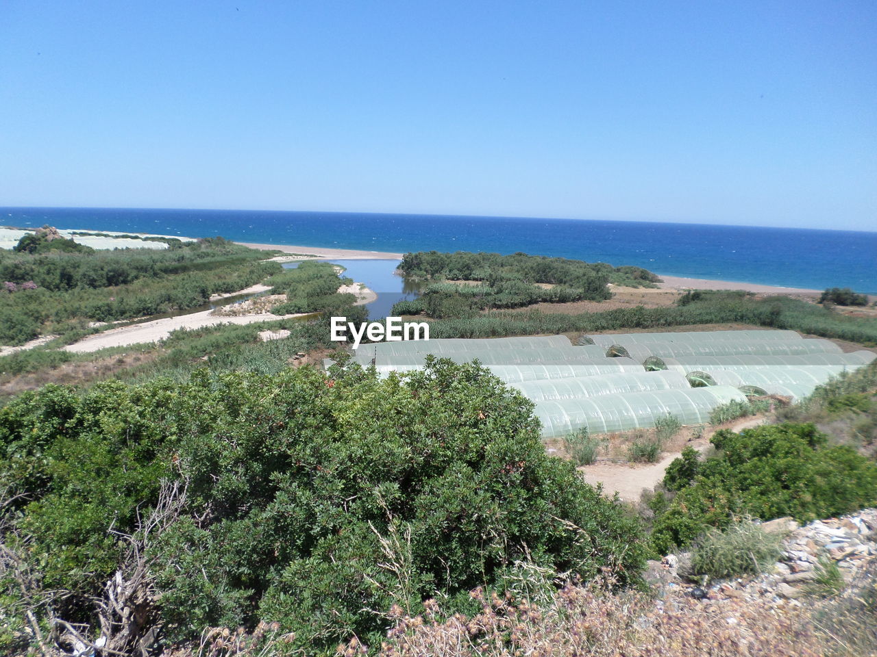 PANORAMIC SHOT OF SEA AGAINST CLEAR SKY