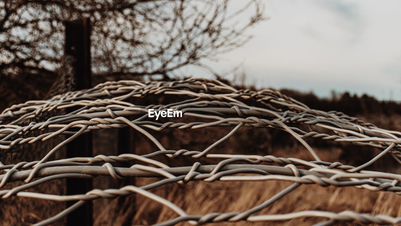 CLOSE-UP OF BARBED WIRE ON FIELD