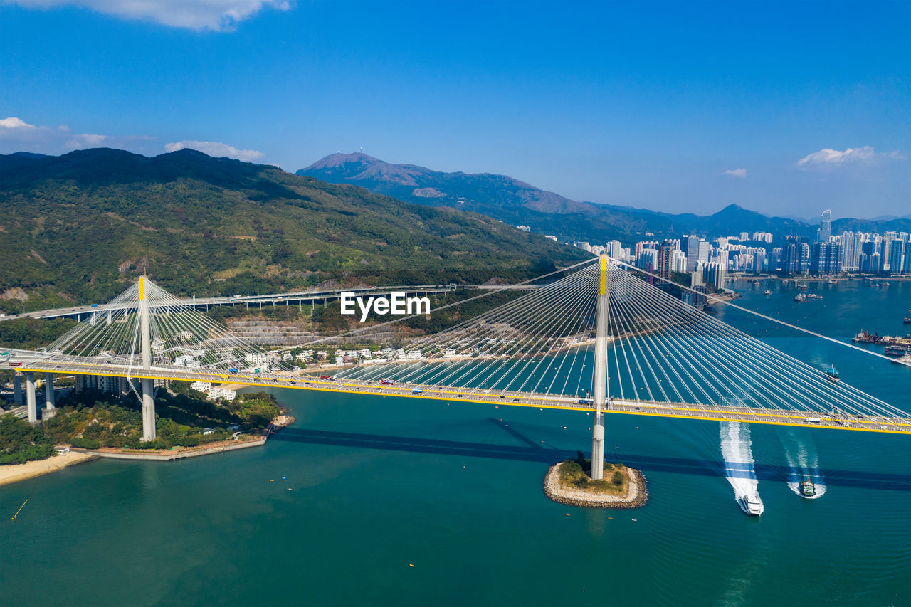 View of suspension bridge over river