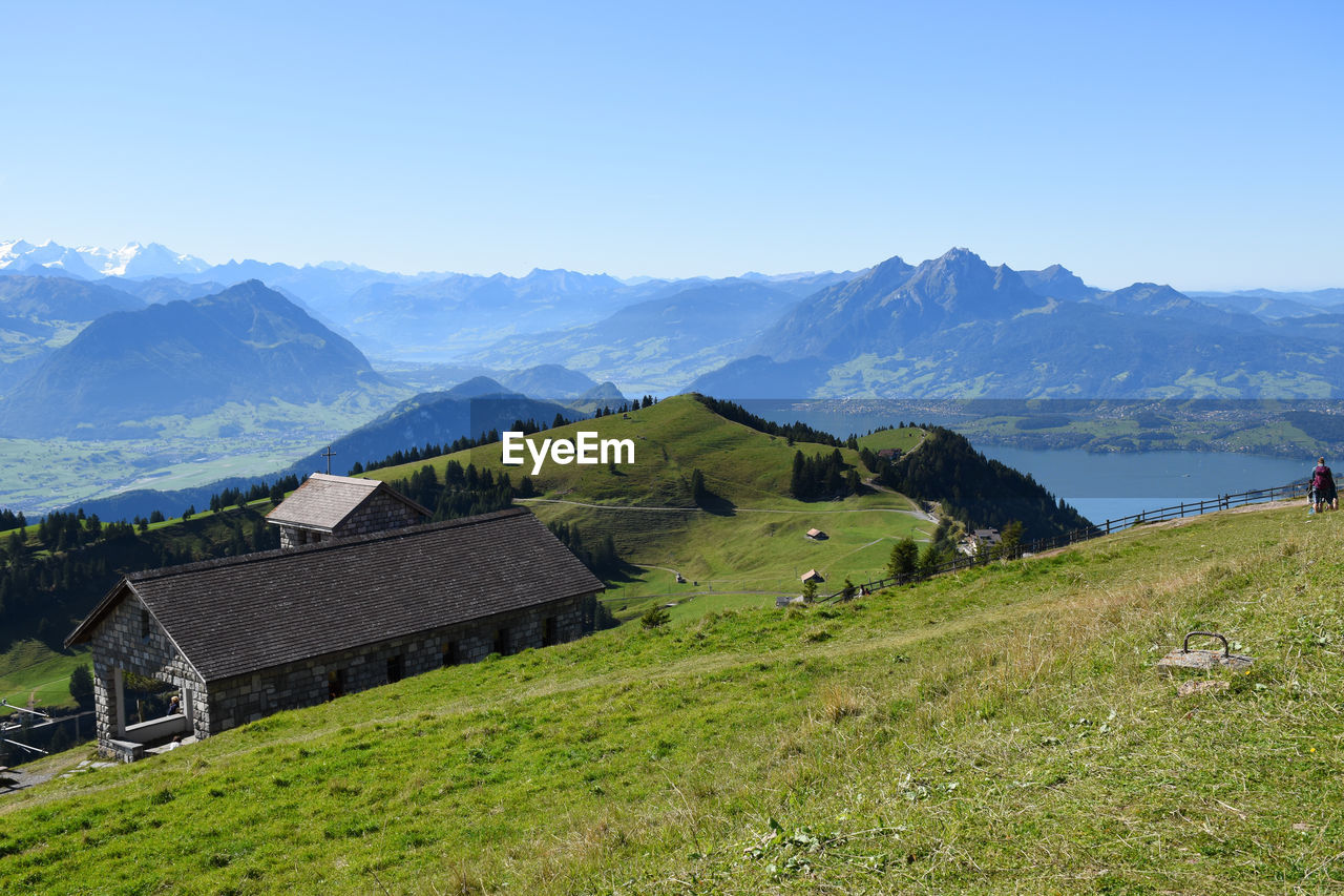 Scenic view of landscape and mountains against sky