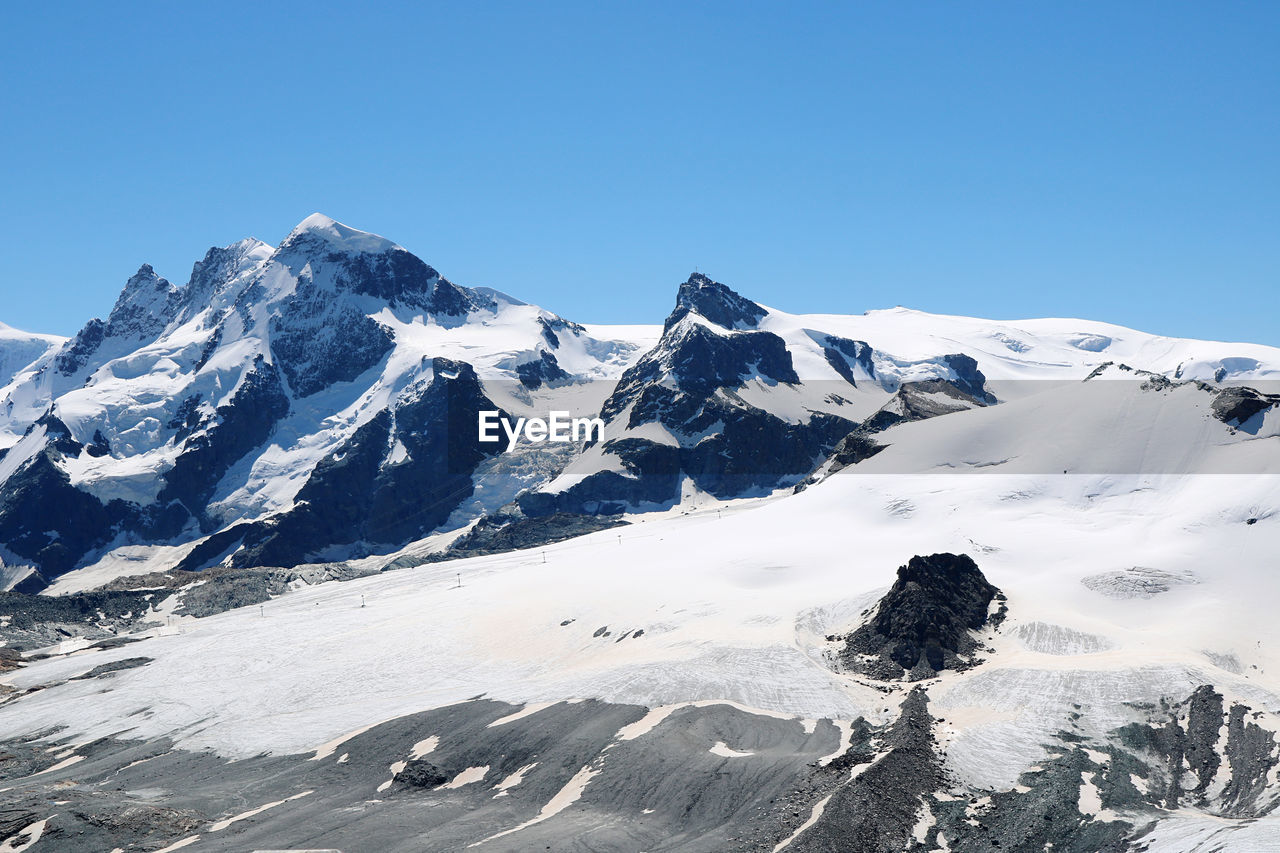 Scenic view of snowcapped mountains and glacier against clear blue sky