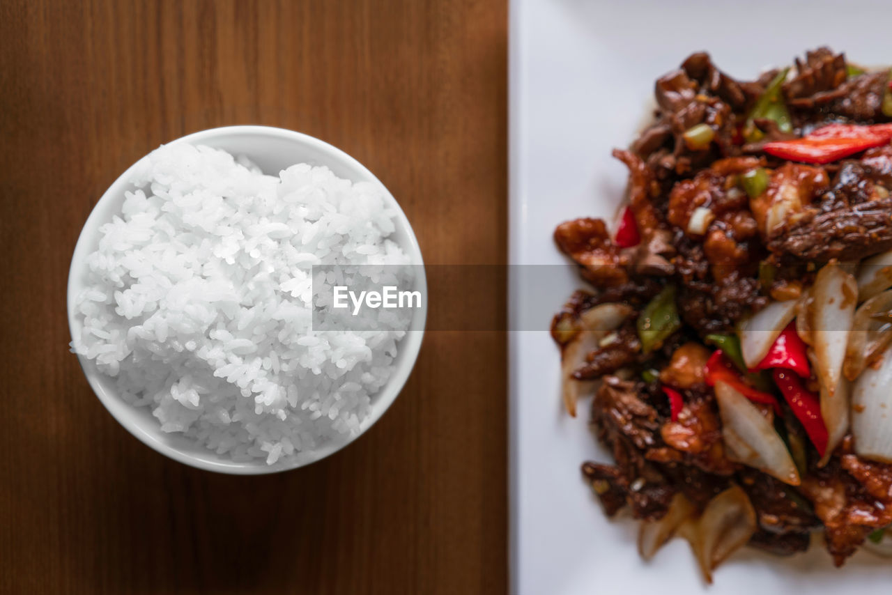 High angle view of food in plate on table