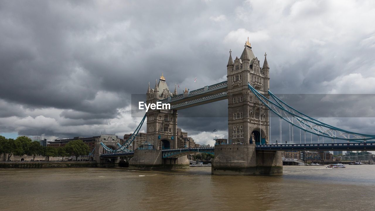 VIEW OF SUSPENSION BRIDGE AGAINST CLOUDY SKY