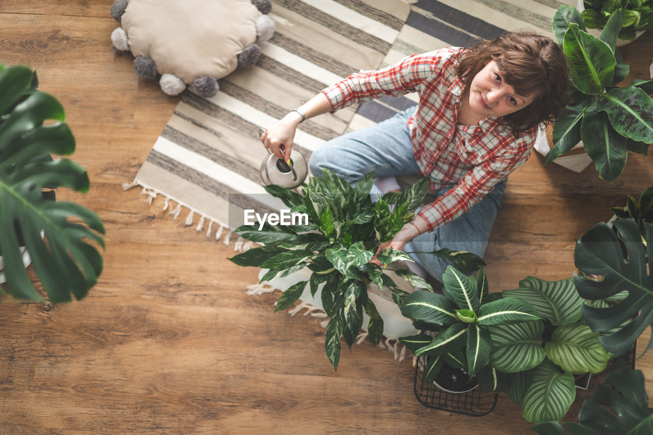 high angle view of woman holding potted plant on table