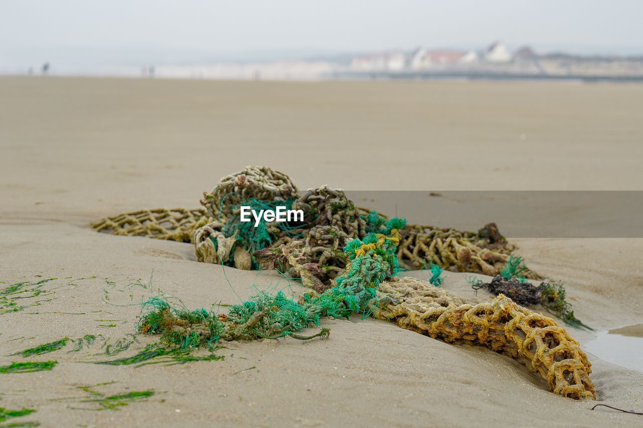 Close-up of abandoned rope on beach