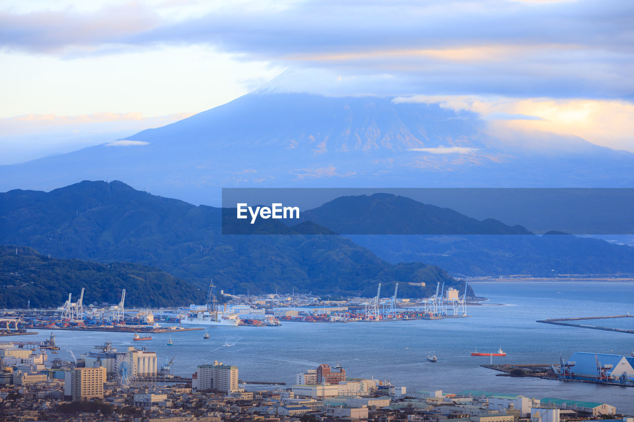 Cityscape and transport port of shimizu bay with top of mount fuji view background from nihondaira 