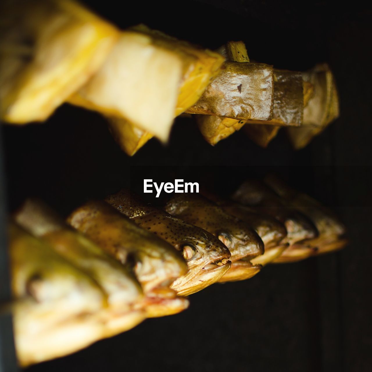 Close-up of fishes smoked on rack