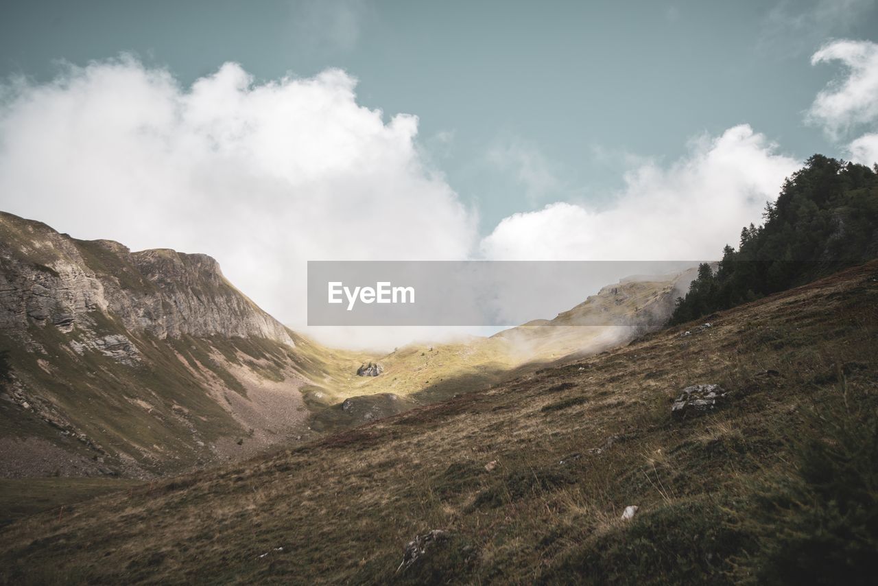 PANORAMIC VIEW OF LANDSCAPE AND MOUNTAINS AGAINST SKY