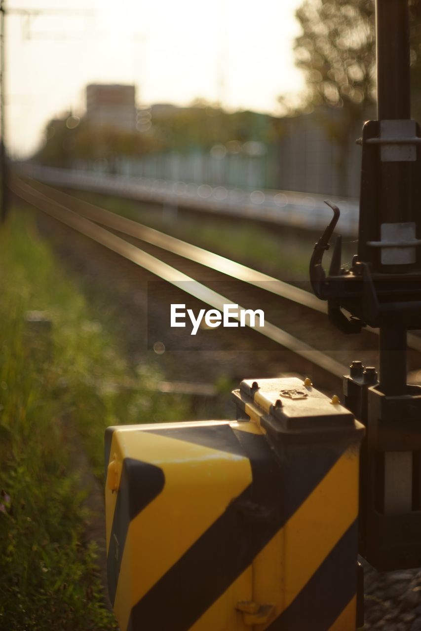 Close-up of railway control by tracks