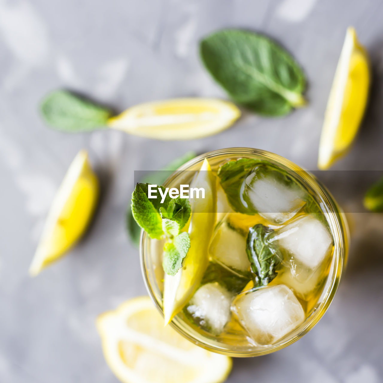 Iced drink in glass on table