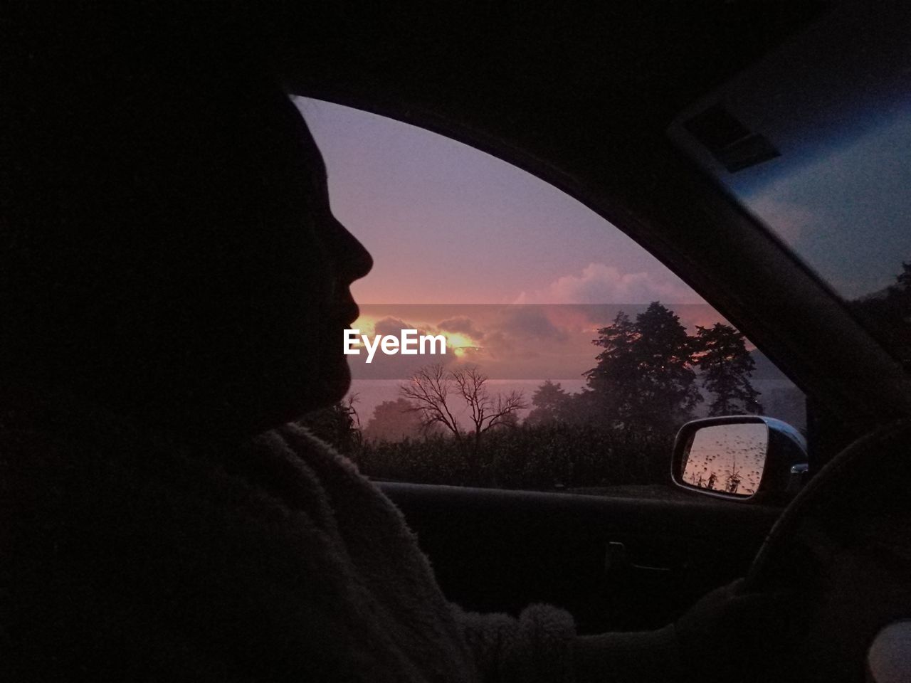 SILHOUETTE PERSON SEEN THROUGH CAR WINDSHIELD