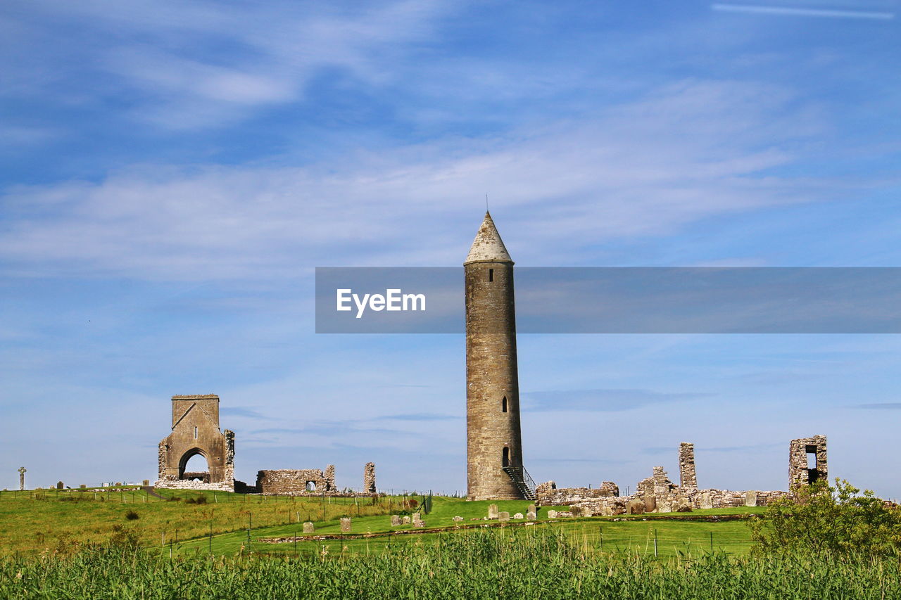 Low angle view of monument against sky at devenish island