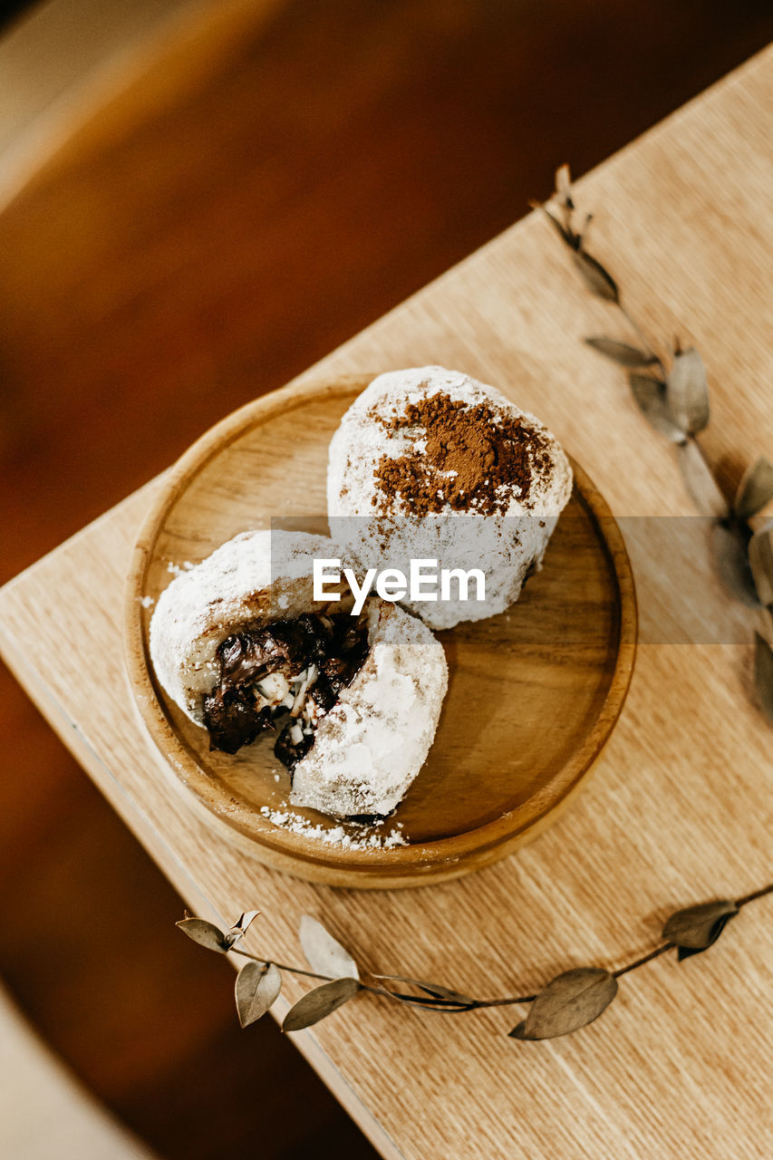 food and drink, food, wood, dessert, freshness, baked, indoors, produce, sweet food, no people, table, still life, dish, high angle view, healthy eating, sweet, studio shot, breakfast, wellbeing, drink