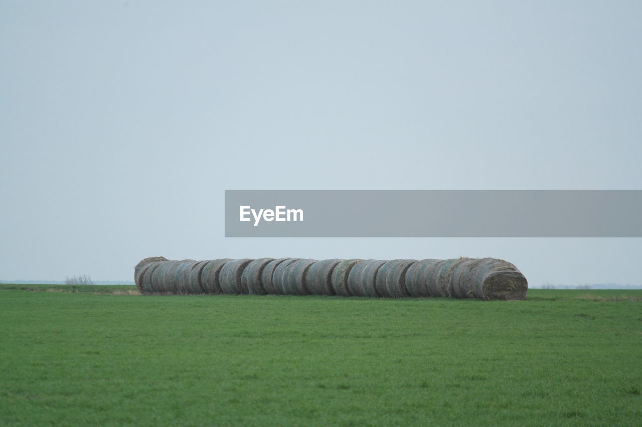 Hay bales arranged on field at farm against clear sky