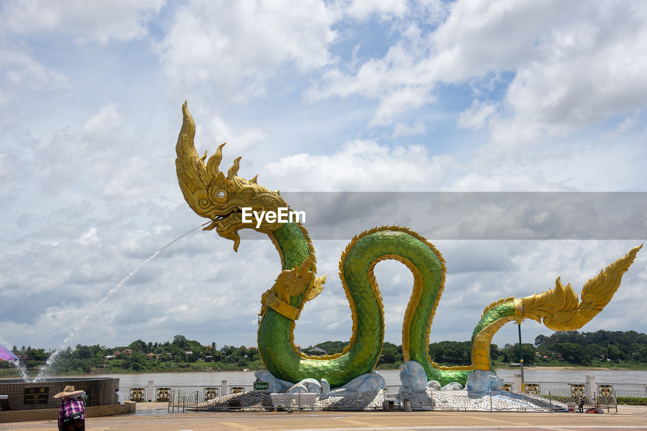 Twin green naga statue at the mekong river, wat lamduan temple, nong khai province thailand.