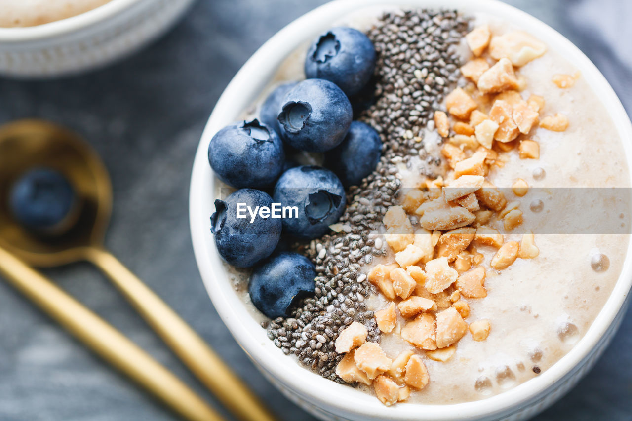 High angle view of breakfast served in bowl on table