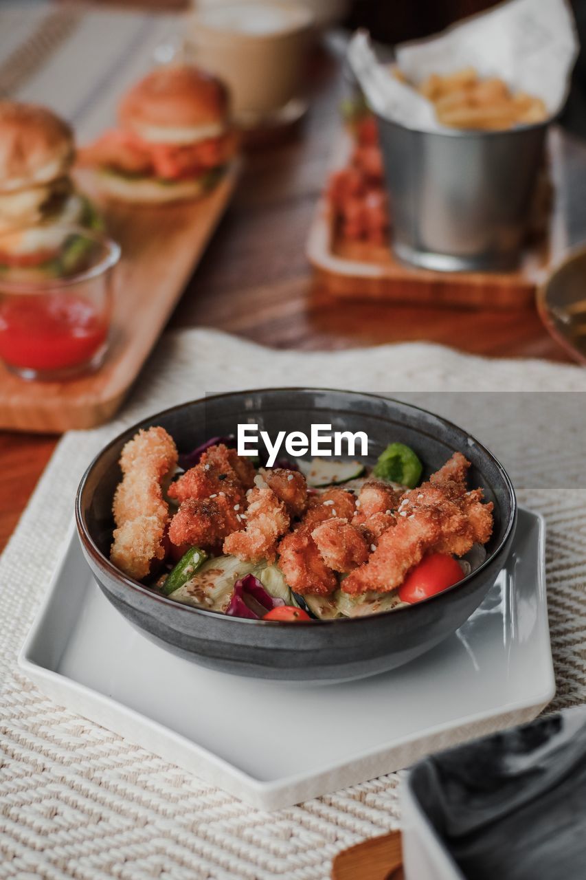 High angle view of food in plate on table