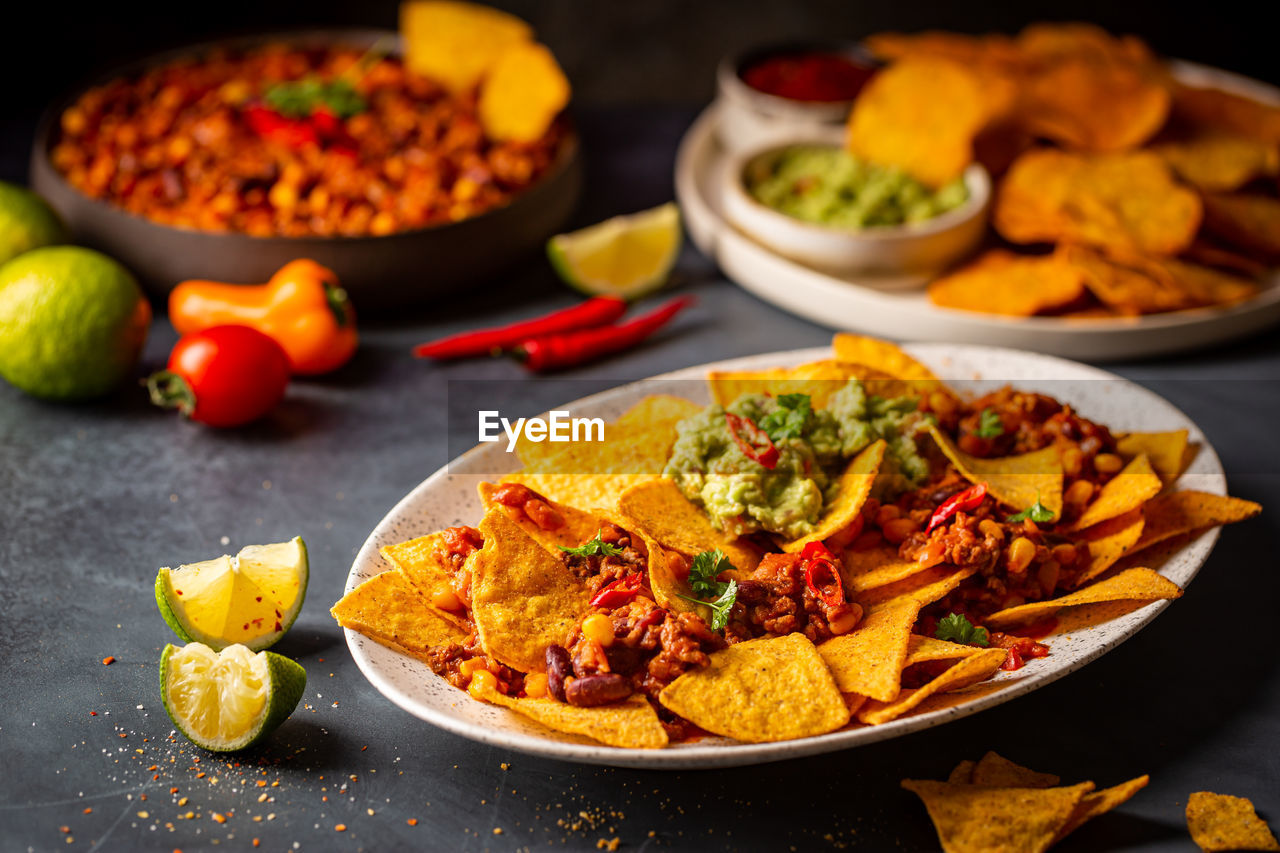 high angle view of food served in plate on table